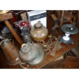 A W.A.S. Benson copper water jug (patented), an old forged iron door latch, two other items, and