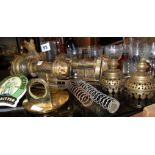 Brass wall lanterns marked as GWR, drinking glasses, brass beer pump clips