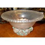 Unusual Art glass bowl with overlaid copper strips to bulbous base, 7" diameter x 3" tall,