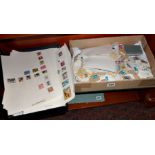 Stamp collection- several album sheets and a tray of loose