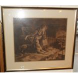 Framed large sepia print of a girl by the fireside with an Irish wolfhound titled verso "Silent