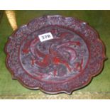 Chinese cinnabar-type lacquer dragon carved dish with 6 character marks