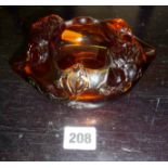 Chinese amber glass brush pot with raised foliate design and character marks to base