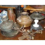 A W.A.S. Benson copper water jug (patented), an old forged iron door latch, two other items, and