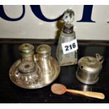 Silver collared cut glass scent or perfume bottle with silver-plated cruet set etc.