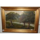 T. Heath oil on board of trees by a river, a watercolour of town scene and a mezzotint in colours