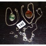 Agate Slice pendants with white metal chains and a silver? mounted crystal necklace with matching