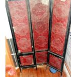 Chinese 18th c. large cinnabar lacquered three-fold screen, signed.