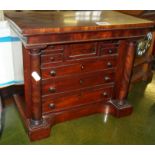 Fine 19th c. mahogany Apprentice-made Scotch chest of four drawers, two turned pillars to sides