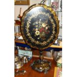 Victorian papier mache snap top table with gilded border around hand painted floral and mother of