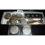 Assorted British coins, some clock and watch keys and a cased set of Maundy coins 1884