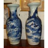 Pair of large Chinese porcelain 19th c. blue & white vases, 22.5" high (A/F)