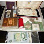 Cased Maltese coin set (1972), other commemorative coins, old pound notes and First Day Covers etc