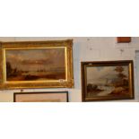 19th c. marine oil on board in gilt frame and an oil on canvas of a landscape titled "Capel Curig"
