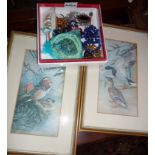 Assorted costume jewellery, and two framed prints of waterfowl