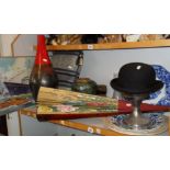 Vintage clothing: Bowler hat by Christy's of London, large fan, Chinese pottery etc (one shelf)