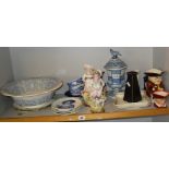 Victorian blue & white wash bowl, Toby jugs, figurines etc. (one shelf)