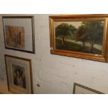 T. Heath oil on board of trees by a river, a watercolour of town scene and a mezzotint in colours c.