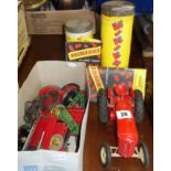 Box of Meccano, 2 containers of Minibrix and a large Lesney Massey Harris diecast tractor