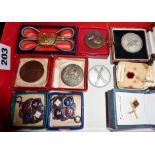 Collection of miniature Rifle Club medals and medallions (one silver), tie studs etc.