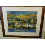 Large Richard Tuff print in colours of a Cornish river with houses titled "View from the Ferry",