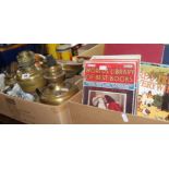 Old oil lamp bases, brass light fitting etc. and assorted books