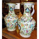 Pair of 19th c. Canton porcelain vases decorated with applied dragons & birds etc (A/F), approx