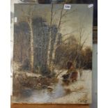 Fritz Von Heider (1863-1933) oil on canvas of a winter woodland scene with figures