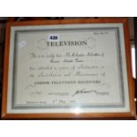 1930s Television certificate relating to the installation & maintenance of Cossor Television