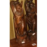 Pair of Chinese inlaid carved hardwood figures of immortals, 14" tall