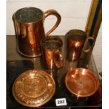 Collection of copper ware, Players Tobacco ashtray, W. Gilbertson of Lincoln tankards, larger