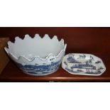 Reproduction blue and white porcelain jardiniere and a similar plate