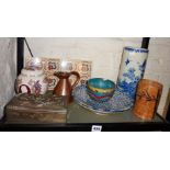 Chinese porcelain sleeved vase, cloisonne bowls, old tiles, a metal box with repousse dragon