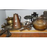 A W.A.S. Benson copper water jug (patented), an old forged iron door latch, two other items and