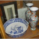 Masons Ironstone blue & white wash basin, and two Continental vases (A/F)