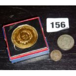 Coins - 1861 half dime, an 1866 Franc and a souvenir medallion in box