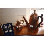 Copper chocolate pot and Guernsey cream jug with boxed Staywarm Art Deco egg cups and Chinese