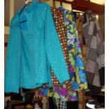 Vintage clothing: Psychedelic 1960's and 1970's ladies' dresses, granny square knitted waistcoat and