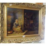 Oil painting in gilt frame of an old lady peeling apples in a cottage