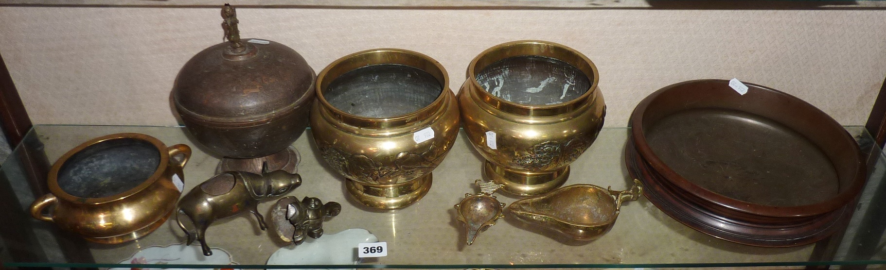 Two Oriental bronze censers, a pair of Oriental brass jardinieres, a Chinese bronze censer in the