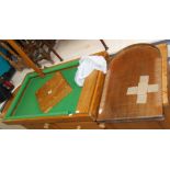 Oak table skittles game and two sets of pins (originally from Walditch Working Men's Club), and a