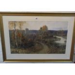 John Fullwood (1883-1931) large watercolour landscape with river, trees and church, signed lower