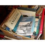 Box containing fishing books, British Waterways booklets, gardening books etc.