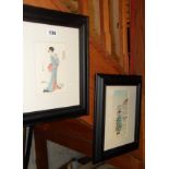 Pair of framed Japanese woodblocks of geishas, signed