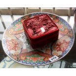 Cinnabar-style lidded box with flower carving together with a Japanese Imari plate