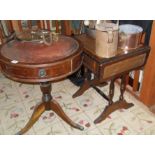 Two small reproduction mahogany side tables with drawers and inset, leather tops