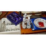 Edinburgh Crystal wine glasses in box, other glass and decanter set, 3 Nao Lladro figurines and an