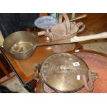 Various metalware, copper and iron saucepans, small watering can and a large Salter's Trade Spring