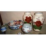 Pair of Japanese vases, a Chinese Imari bowl (A/F), and three other pieces
