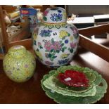 Chinese porcelain lidded jars, Majolica leaf dishes etc.